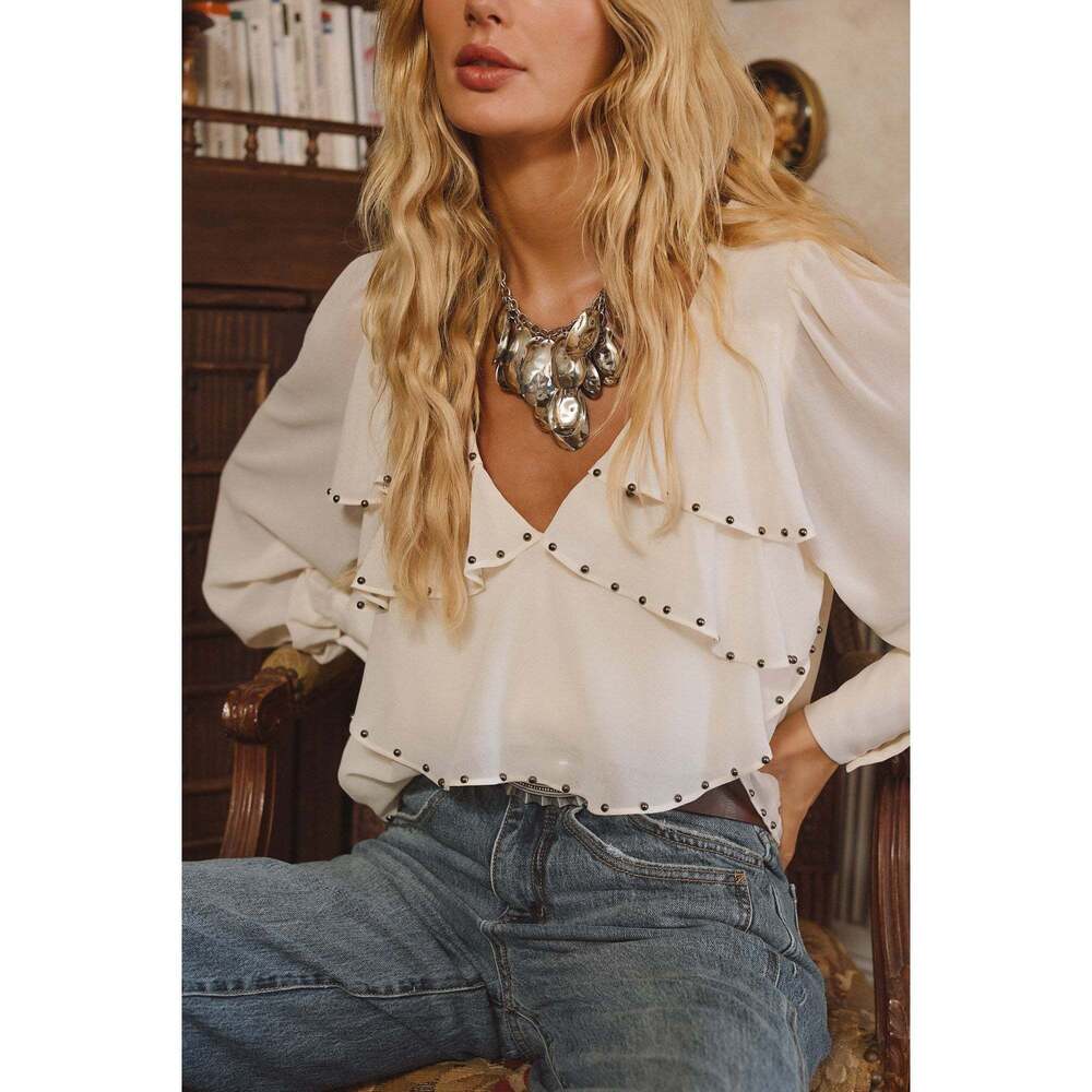 12th Tribe Alyssa Ivory Studded Blouse Size S
